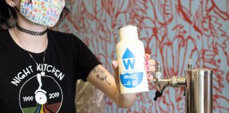 You can fill your reusable water bottle for free at The Night Kitchen pizzeria in downtown Peterborough, one of 80 participating BlueWptbo locations in the greater Peterborough area. (Photo: Emily Twomey)