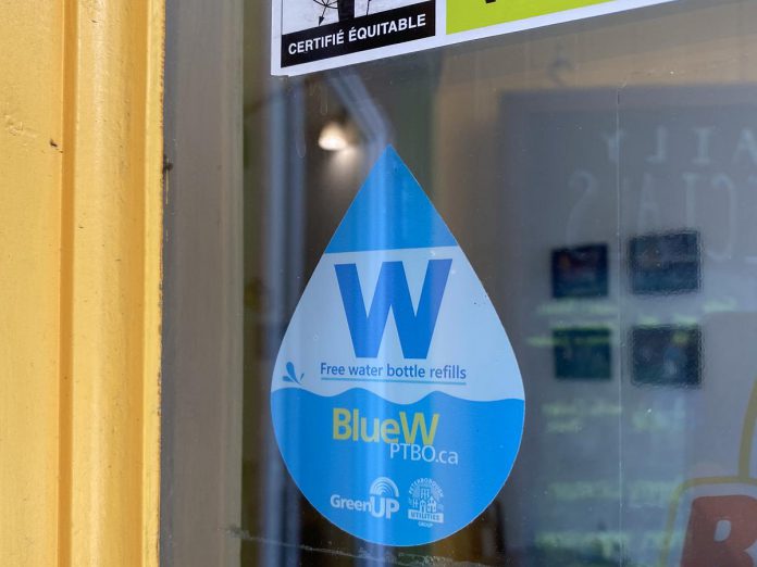 Look for the BlueWptbo sticker at locations including Black Honey Coffeeshop in downtown Peterborough to fill up your reusable water bottle with high-quality municipal tap water for free. (Photo: Natalie Stephenson)