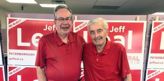 Jeff Leal with the late Peter Adams during the 2018 provincial election, when Leal was defeated in his bid for a fifth term as Peterborough-Kawartha MPP. (Photo: Jeff Leal / Facebook)