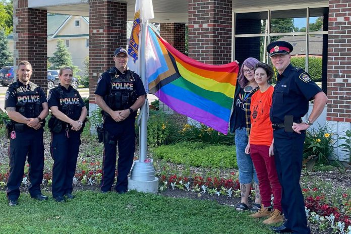 The Pride flag was raised at the Kawartha Lakes police station (pictured) and Kawartha Lakes city hall in Lindsay on July 4, 2022 to mark the beginning of Pride Week in Kawartha Lakes. (Photo courtesy of Kawartha Lakes Pride)
