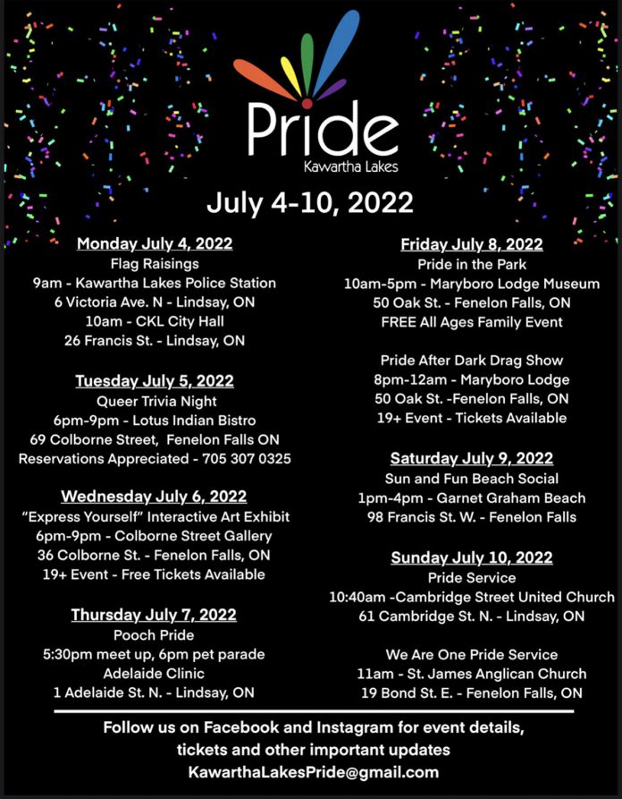 Kawartha Lakes Pride has partnered with local businesses and organizations to host a full week of events in Fenelon Falls and Lindsay. (Graphic courtesy of Kawartha Lakes Pride)