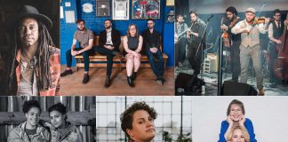 Additional performers announced for the Peterborough Folk Festival at Nicholls Oval Park on August 20 and 21, 2022 include (left to right top to bottom): Julian Taylor; I, the Mountain; Murder Murder; The Colton Sisters; Kellie Loder; and Sharon & Randi. (kawarthaNOW collage of publicity photos)