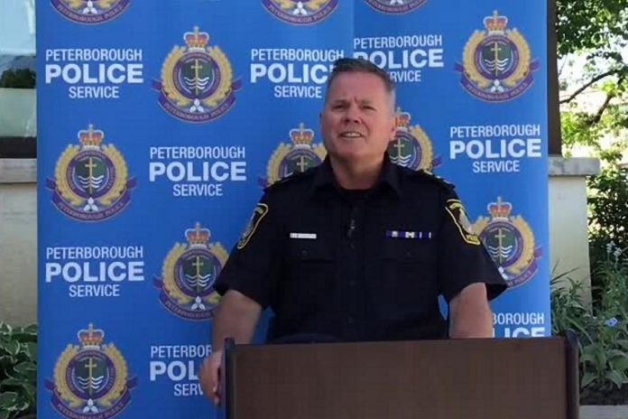Peterborough Police Service acting police chief Tim Farquharson speaks about the city's second homicide of 2022 during at a media conference outside the Peterborough police station on Monday, July 4. (kawarthaNOW screenshot of YouTube video)