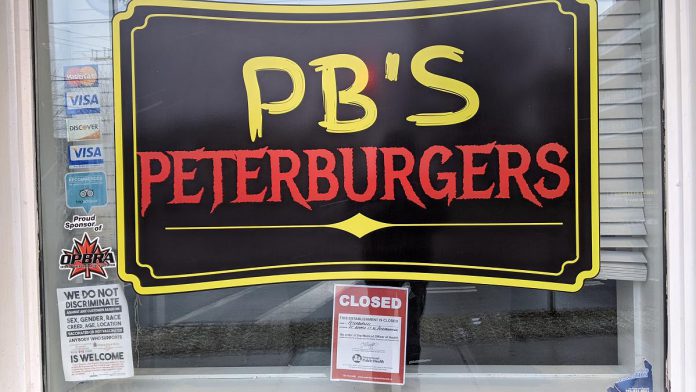 Peterburgers will be closing for good on August 5, 2022, four months after it reopened following a four-month closure by Peterborough Public Health for defying COVID-19 public health measures. (Photo: kawarthaNOW)