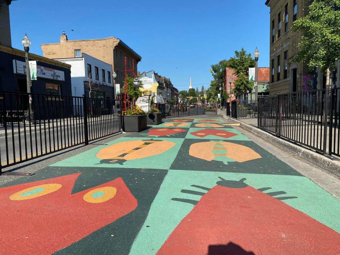 The "Flight of the Pollinators" road mural by Brooklin Holbrough and Bethany Davis was completed on Thursday, July 14 as part of the City of Peterborough's 2022 Renaissance on Hunter initiative.  (Photo: City of Peterborough Public Art Program / Facebook)