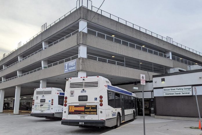The Simcoe Parking Garage is located above the Peterborough Transit Terminal at 190 Simcoe Street in downtown Peterborough. (Photo: Bruce Head / kawarthaNOW)
