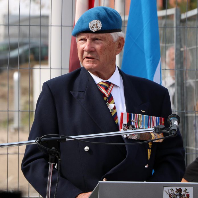 The world's most experienced peacekeeper, Major-General (retired) Lewis Mackenzie, speaks at the ribbon-cutting ceremony of the UN Peacekeepers Monument in Peterborough's new urban park on July 1, 2022. (Photo courtesy of Sean Bruce)