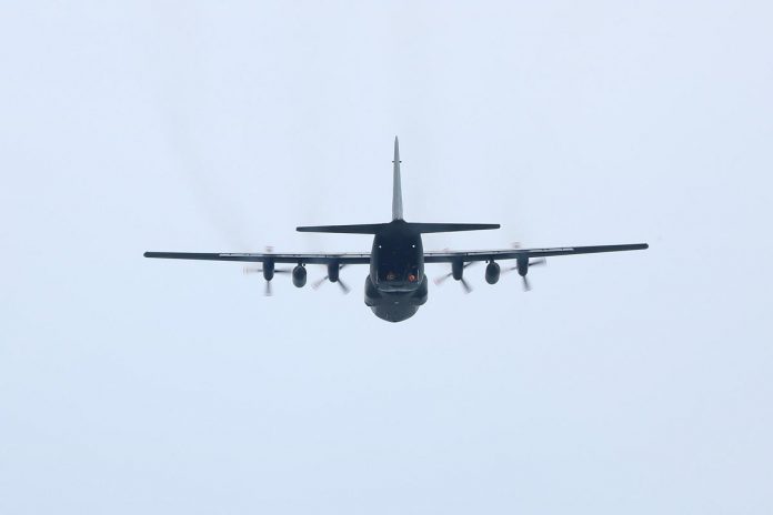 The ribbon-cutting ceremony of the UN Peacekeepers Monument in Peterborough's new urban park on July 1, 2022 featured a flyby by a Hercules aircraft from Trenton. (Photo courtesy of Sean Bruce)