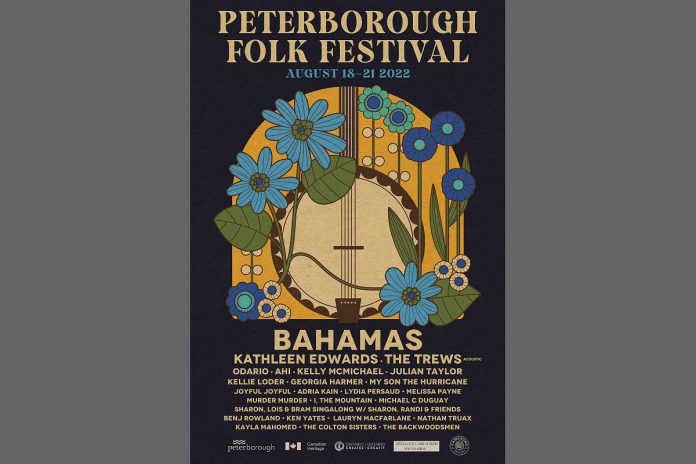 The full line-up for the Peterborough Folk Festival, which runs August 18 to 21, 2022 including a free weekend of concerts at Nicholls Oval Park. (Poster: Brittany Brooks)