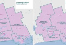 The existing federal electoral districts in the greater Kawarthas region with the boundary changes proposed by the Federal Electoral Boundaries Commission for Ontario. (Graphic: kawarthaNOW from Federal Electoral Boundaries Commission for Ontario)