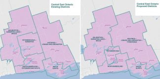 The existing federal electoral districts in the greater Kawarthas region with the boundary changes proposed by the Federal Electoral Boundaries Commission for Ontario. (Graphic: kawarthaNOW from Federal Electoral Boundaries Commission for Ontario)