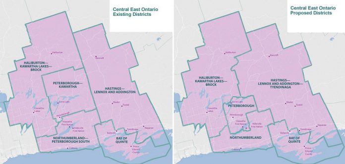 The existing federal electoral districts in the greater Kawarthas region with the boundary changes proposed by the Federal Electoral Boundaries Commission for Ontario. (Graphic: kawarthaNOW from Federal Electoral Boundaries Commission for Ontario)