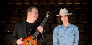 Rick Fines and Nicholas Campbell are two of the Peterborough-area musicians featured on "Cover2Cover," a four-episode series on Bell Fibe TV1 directed by Michael Hurcomb where a well-known local musician covers a song by an up-and-coming local musician and vice versa. In episode four, Fines performs a cover of Campbell's song "Livin'" and Campbell performs a cover of Fines' song "Try a Little Harder." Hosted by Kate Suhr, the series was filmed at at Market Hall Performing Arts Centre in downtown Peterborough. (Photo: Michael Hurcomb)