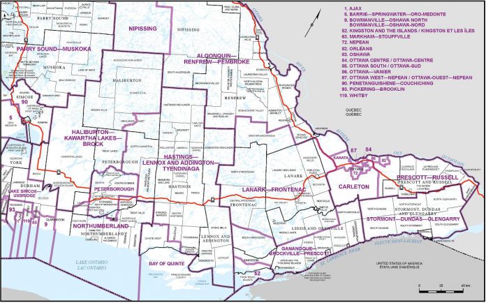 Proposed federal electoral districts in eastern Ontario.  (Graphic: Federal Electoral Boundaries Commission for Ontario)