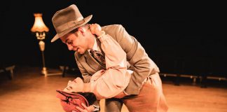 In the Globus Theatre production of Norm Foster's "Screwball Comedy," Katherine Cappellacci plays a plucky woman trying to break into the male-dominated world of newspaper journalism in the 1930s in competition with Jack Copland as an arrogant ace reporter. The play runs for 11 performances from August 17 to 20 at the Lakeview Arts Barn in Bobcaygeon. (Photo: Rebecca Anne Bloom / Globus Theatre)