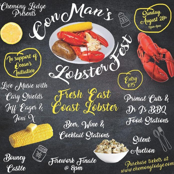 Con Man's Lobsterfest takes place on Chemong Lodge in Bridgenorth on August 28, 2022, and will raise money for nonprofit ocean conservation organization Ocean's Initiative. (Graphic: Chemong Lodge)