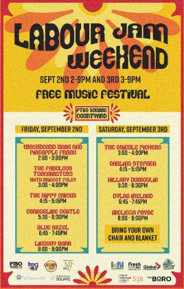 The Labour Jam Weekend free musical festival runs September 2 and 3, 2022, in the courtyard of Peterborough Square in downtown Peterborough. (Poster courtesy of Peterborough Downtown Business Improvement Area)