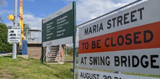 The swing bridge connecting Maria Street to Ashburnham Drive in Pterborough's East City will be closed between 9 a.m. and 3:30 p.m. from August 29 to 31, 2022. (Photo: Bruce Head / kawarthaNOW)