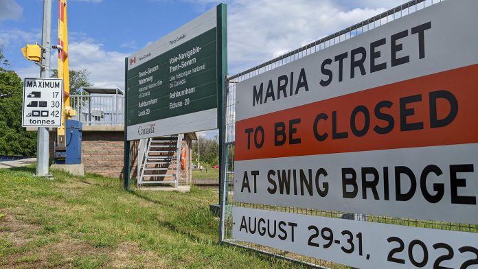 The swing bridge connecting Maria Street to Ashburnham Drive in Pterborough's East City will be closed between 9 a.m. and 3:30 p.m. from August 29 to 31, 2022. (Photo: Bruce Head / kawarthaNOW)