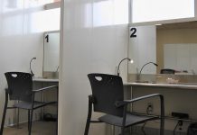 Two of the three consumption booths at the Consumption and Treatment Services (CTS) site located at the Opioid Response Hub at 220 Simcoe Street in downtown Peterborough. With medical assistance available on site, substance users at the CTS are monitored in case they suffer an adverse reaction when using. (Photo: Bruce Head / kawarthaNOW)