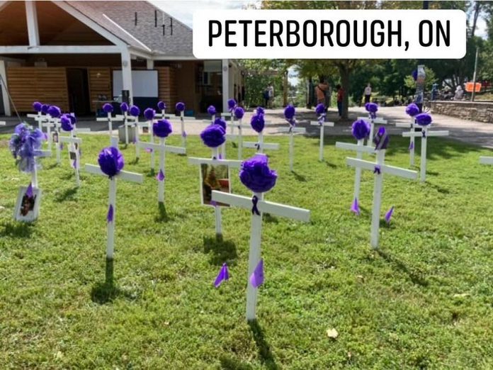 Purple crepe-paper flowers attached to crosses, representing family members and friends who have been lost to substance use, in Millennium Park in Peterborough during International Overdose Awareness Day on August 31, 2021, The colour purple is a symbol of International Overdose Awareness Day, and Gail Parry came up with the idea to using purple crepe-paper flowers in memory of her daughter Jody Smith. (Photo via Moms Stop The Harm / Facebook)