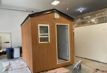 Peterborough's first 'tiny home' for people experiencing homelessness will be on roving display at Grace United Church, Cathedral of St. Peter-in-Chains, Emmanuel United Church, and the Purple Onion Festival from August 27 to September 25, 2022. Supported by fundraising by Grace United Church and built by local businesses and volunteers, the model sleeping cabin is the first step in an initiative by grassroots organization Peterborough Action for Tiny Homes (PATH) to create a village of tiny homes. (Photo courtesy of Peterborough Action for Tiny Homes)