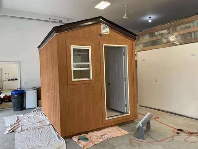 Peterborough's first 'tiny home' for people experiencing homelessness will be on roving display at Grace United Church, Cathedral of St. Peter-in-Chains, Emmanuel United Church, and the Purple Onion Festival from August 27 to September 25, 2022. Supported by fundraising by Grace United Church and built by local businesses and volunteers, the model sleeping cabin is the first step in an initiative by grassroots organization Peterborough Action for Tiny Homes (PATH) to create a village of tiny homes. (Photo courtesy of Peterborough Action for Tiny Homes)