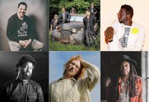 A few of the many performers at the 2022 Peterborough Folk Festival's free weekend on August 20 and 21 in Nicholls Oval Park include (left to right, top to bottom): Bahamas, The Trews Acoustic, Odario, AHI, Kelly McMichael, and Julian Taylor. (kawarthaNOW collage of promotional photos)