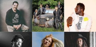 A few of the many performers at the 2022 Peterborough Folk Festival's free weekend on August 20 and 21 in Nicholls Oval Park include (left to right, top to bottom): Bahamas, The Trews Acoustic, Odario, AHI, Kelly McMichael, and Julian Taylor. (kawarthaNOW collage of promotional photos)