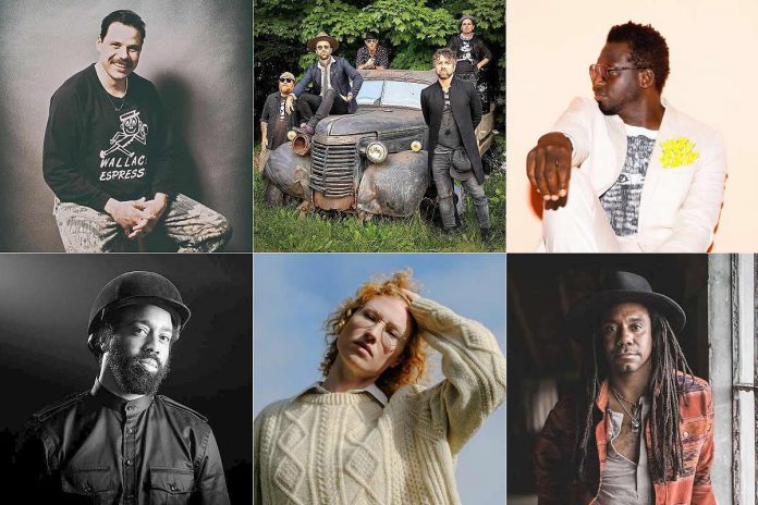 A few of the many performers at the 2022 Peterborough Folk Festival's free weekend on August 20 and 21 in Nicholls Oval Park include (left to right, top to bottom): Bahamas, The Trews Acoustic, Odario, AHI, Kelly McMichael, and Julian Taylor. (kawarthaNOW collage of promotional photos)