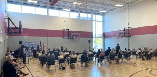 The Peterborough Police Service held a public meeting at the YMCA gym in downtown Peterborough on August 11, 2022 to address community concerns about escalating violent crime in the southeast area of Town Ward. Between April and July, there have been four shootings including two homicides. (Photo: Paul Rellinger / kawarthaNOW)