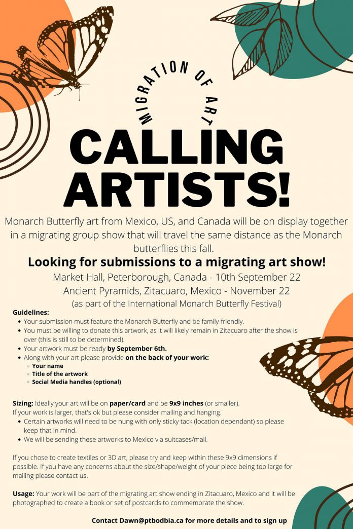 Local art submitted to the "Migration of Art" exhibit will be on display during the Zitacuaro Summit before "migrating" to Zitácuaro in Mexico as part of the International Monarch Butterfly Festival. (Poster: Monarch Ultra)
