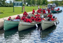 The nine motorized canoes carrying 50 members of the 3rd Canadian Rangers Patrol Group at Lock 31 in Buckhorn on on September 9, 2022, during the fourth day of their 13-day voyage from Parry Sound to Ottawa. Predeominantly First Nations peoples, the 3rd Canadian Rangers Patrol Group support both the national security and public safety operations of the Canadian Armed Forces in northern Ontario. (Photo: 3rd Canadian Rangers Patrol Group / Facebook)