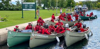 The nine motorized canoes carrying 50 members of the 3rd Canadian Rangers Patrol Group at Lock 31 in Buckhorn on on September 9, 2022, during the fourth day of their 13-day voyage from Parry Sound to Ottawa. Predeominantly First Nations peoples, the 3rd Canadian Rangers Patrol Group support both the national security and public safety operations of the Canadian Armed Forces in northern Ontario. (Photo: 3rd Canadian Rangers Patrol Group / Facebook)