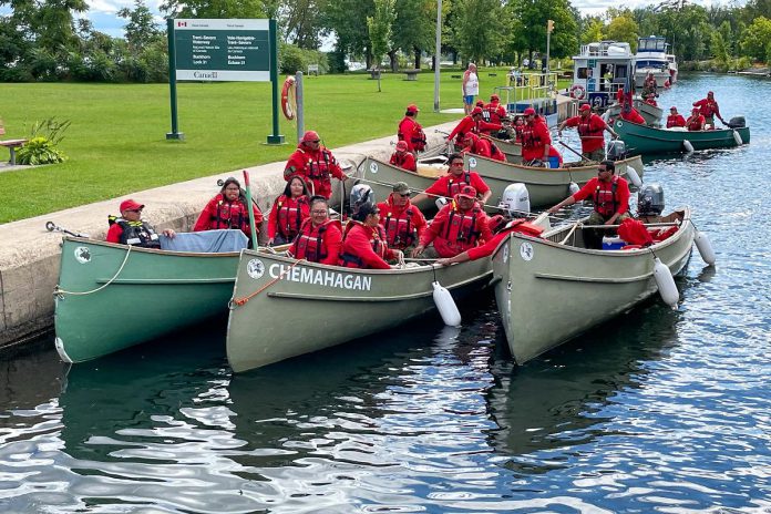 The nine motorized canoes carrying 50 members of the 3rd Canadian Rangers Patrol Group at Lock 31 in Buckhorn on on September 9, 2022, during the fourth day of their 13-day voyage from Parry Sound to Ottawa. Predeominantly First Nations peoples, the 3rd Canadian Rangers Patrol Group support both the national security and public safety operations of the Canadian Armed Forces in northern Ontario. (Photo: 3rd Canadian Rangers Patrol Group / Facebook)