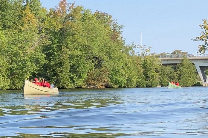 Two of nine motorized canoes from the 3rd Canadian Ranger Patrol Group head for the Trent Canal in Peterborough on September 9, 2022, during day four of a 13-day voyage from Parry Sound to Ottawa.  (Photo: Mireille Delisle Oldham)