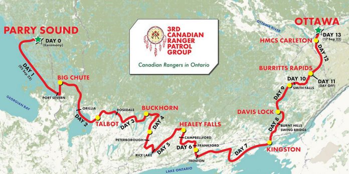 The route of the 3rd Canadian Rangers Patrol Group's voyage from Parry Sound to Ottawa. (Map: 3rd Canadian Rangers Patrol Group)