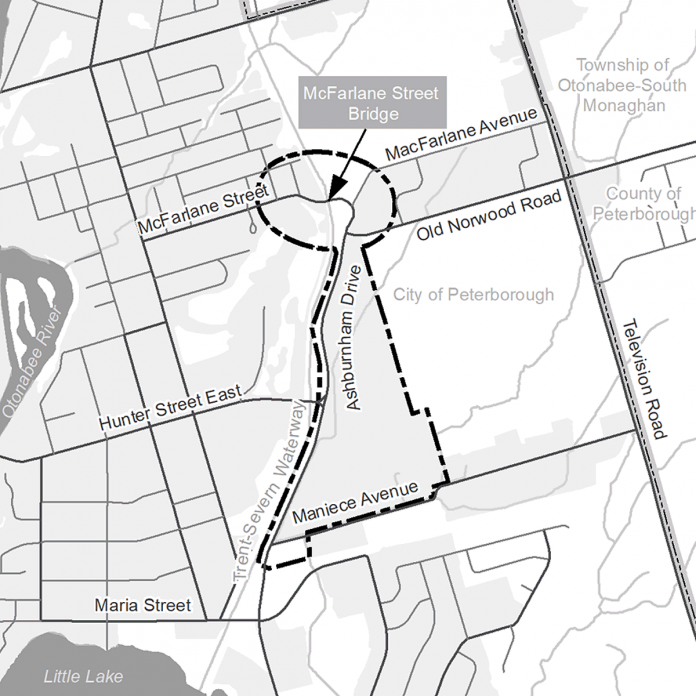 The areas that are encompassed in the two recommended projects of the Eastside Transportation Study to realign Ashburnham Drive further east of the Peterborough Lift Lock and to replace the McFarlane Street bridge north of the Lift Lock. (Map: City of Peterborough)