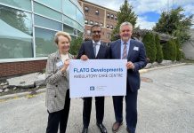 FLATO Developments Inc. owner and CEO Shakir Rehmatullah (middle) with Ross Memorial Hospital board chair Wanda Percival and Ross Memorial Hospital Foundation board campaign chair Tim Shauf at Ross Memorial Hospital in Lindsay on September 26, 2022 during the announcement of a $3 million donation from FLATO Developments Inc. to the hospital. In recognition of the historic donation, the hospital has named its ambulatory care centre the FLATO Developments Ambulatory Care Centre. (Photo courtesy of Ross Memorial Hospital Foundation)