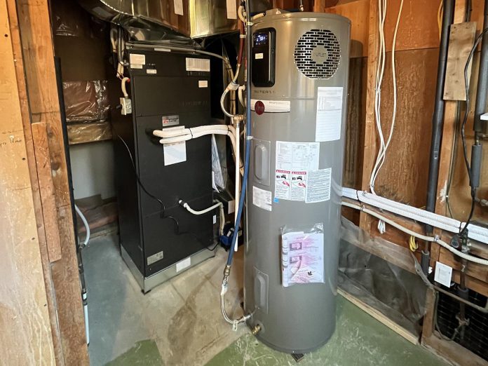 What's missing from this photo of a heat pump water heater? The exhaust pipes required when you burn natural gas indoors. When you use electricity in place of fossil fuels, guess what else goes missing from your home? Toxic carbon monoxide fumes. (Photo: GreenUP)