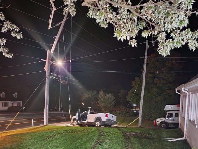 The driver of this pickup truck collided with a hydro pole just outside Lakefield on September 25, 2022, knocking out power to around 4,000 area residents. (Police-supplied photo)
