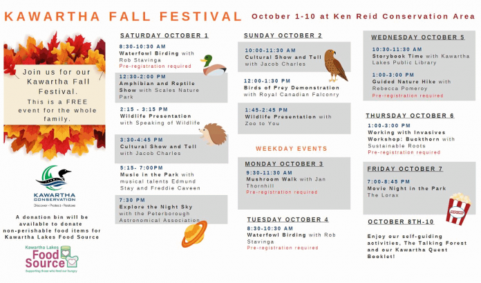 The schedule of events for the  Kawartha Fall Festival at Ken Reid Conservation Area north of Lindsay. (Graphic: Kawartha Conservation)