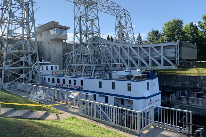 Ontario Waterway Cruises' Kawartha Voyageur was proceeding through the Kirkfield Lift Lock on September 2, 2022 when the lock experienced a mechanical failure. The lock, which has been closed since then, will reopen on September 26 for limited, single-chamber lockages for vessels returning to their home ports that cannot be trailered. (Photo: Ontario Waterway Cruises / Facebook)