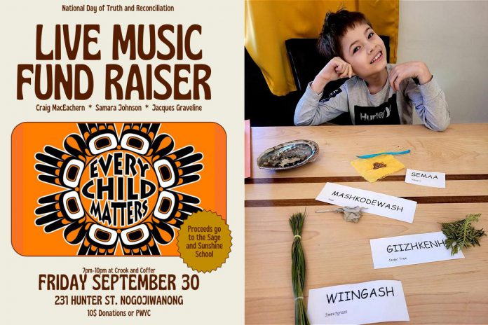 A live music event at Crook & Coffer in Nogojiwanong-Peterborough on September 30, 2022 will raise funds for Sage and Sunshine, an Indigenous-led private school owned and operated by Ashley Wynne that provides urban Indigenous children with a safe learning environment to experience individualized learning plans that represent unique academic goals. Pictured is  Wynne's eight-year-old son learning about the four medicines in Anishinaabemowin, the Ojibwe language. (Poster courtesy of Wanda Prince / Photo courtesy of Ashley Wynne)