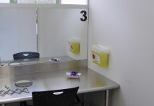 One of the three consumption booths at the Consumption and Treatment Services site (CTS), located at the Opioid Response Hub at 220 Simcoe Street in downtown Peterborough. Each booth has a mirror so the on-site paramedic can observe people as they prepare and consume their substances. (Photo: Bruce Head / kawarthaNOW)