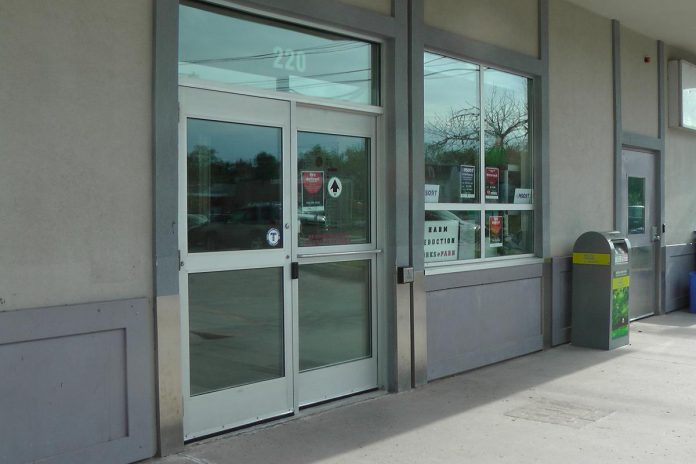 The entrance to the Opioid Response Hub, where the CTS is located, from the parking lot at 220 Simcoe Street in downtown Peterborough. The site is the former Greyhound Bus Terminal, which was renovated to accommodate the CTS as well as the Mobile Support Overdose Resource Team and PARN’s Harm Reduction Works program. (Photo: Bruce Head / kawarthaNOW)