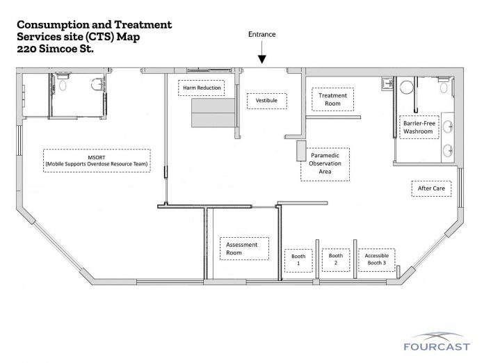 The layout of the Consumption and Treatment Services site (CTS), located at the Opioid Response Hub at 220 Simcoe Street in downtown Peterborough. It includes an assessment room, three consumption booths, a paramedic observation area and a treatment room, harm reduction supplies, and the office for the Mobile Supports Overdose Resource Team. (Graphic courtesy of Fourcast)