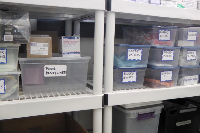 Some of the supplies available from PARN’s Harm Reduction Works workspace at the Opioid Response Hub at 220 Simcoe Street in downtown Peterborough, where the CTS is located. When people enter the Opioid Response Hub, they are redirected to the appropriate service depending on what they need. (Photo: Bruce Head / kawarthaNOW)