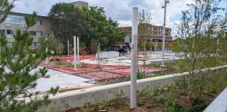 Workers at the urban park near the intersection of Charlotte and Aylmer streets in downtown Peterborough on September 13, 2022. (Photo: Bruce Head / kawarthaNOW)