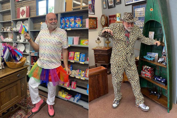 Randy Meredith was known for the often-outrageous outfits he wore for "Wacky Wednesdays," including the final outfit (right) he work on August 31, 2022. (Photos: Grr8 Finds Market)